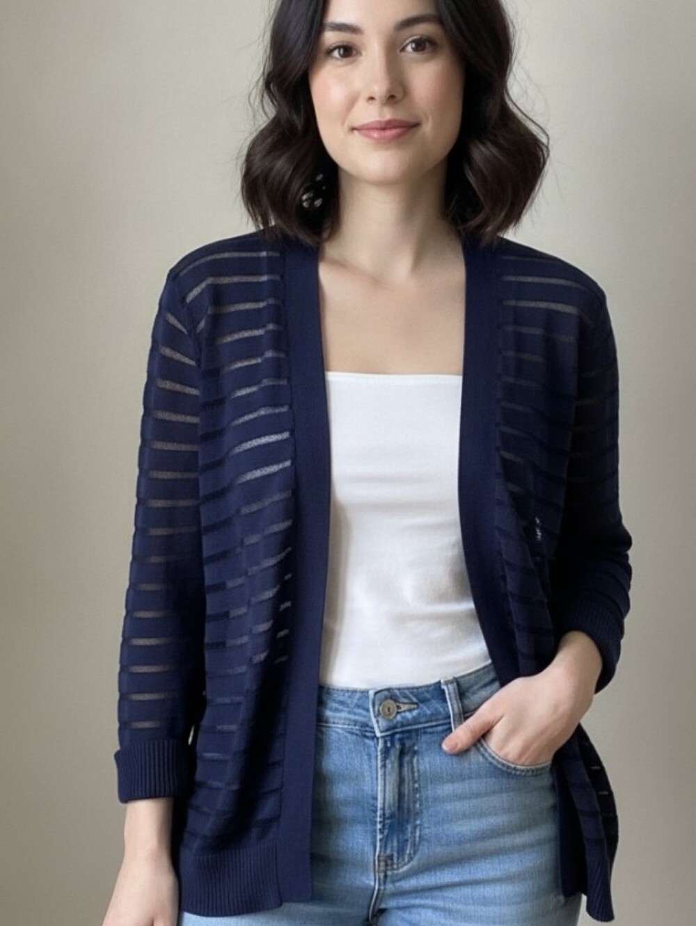 Navy Blue Sheer Mesh Striped Open-Front Lightweight Cardigan 3/4 Sleeves M/L